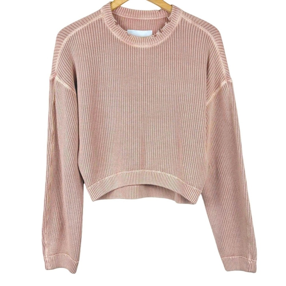 NWT Pistola Cropped Knit Sweater Crewneck Pink Distressed Comfy Casual XS - Picture 2 of 6
